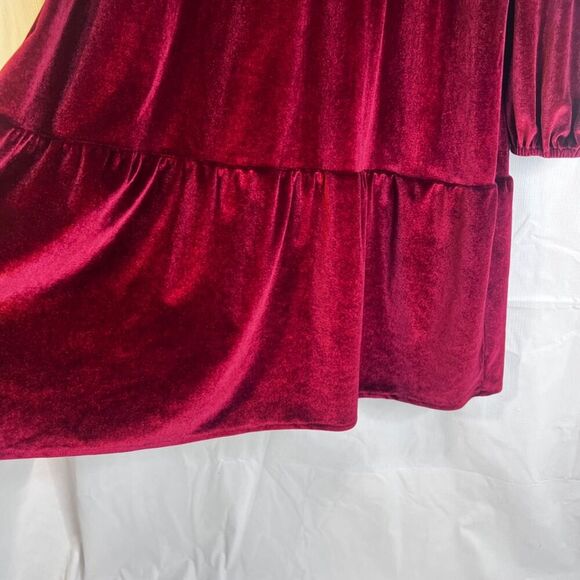 Ophelia Roe Red Velvet Velour Long Sleeve Aline Tiered Ruffle Dress Size Small - Picture 10 of 13